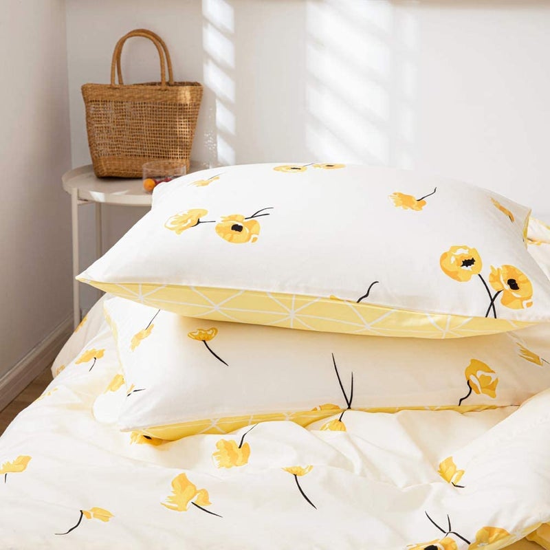 Bedorm Yellow Bedding Comforter Set Floral Plaid Reversible Comforter Queen Size Bed Set Flowers Pattern Cute Botanical Bed Comforter Set(Queen, Yellow) - Image 4